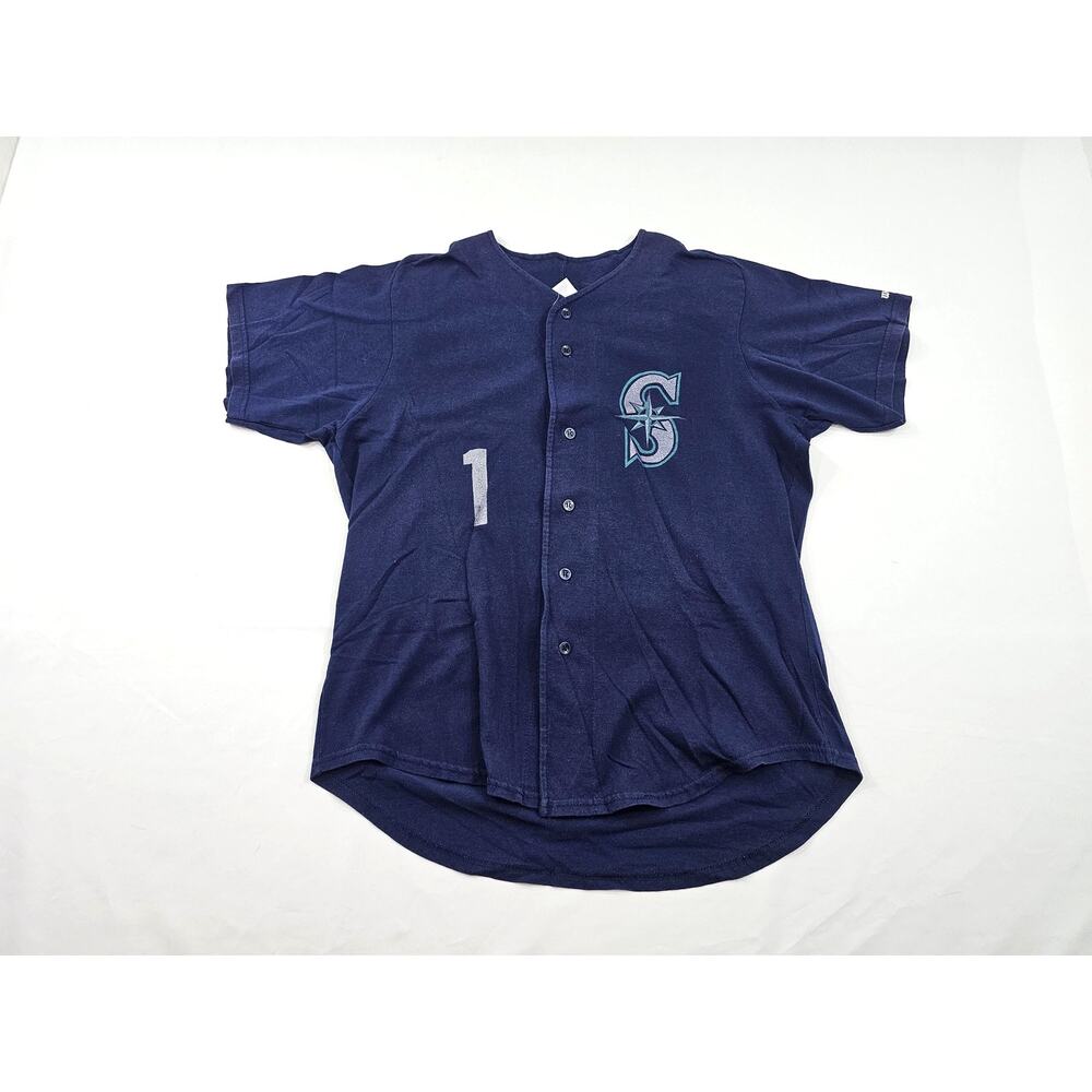 90s Seattle Mariners Cowley Blue Silver Jersey Wilson Button Up Sz M
